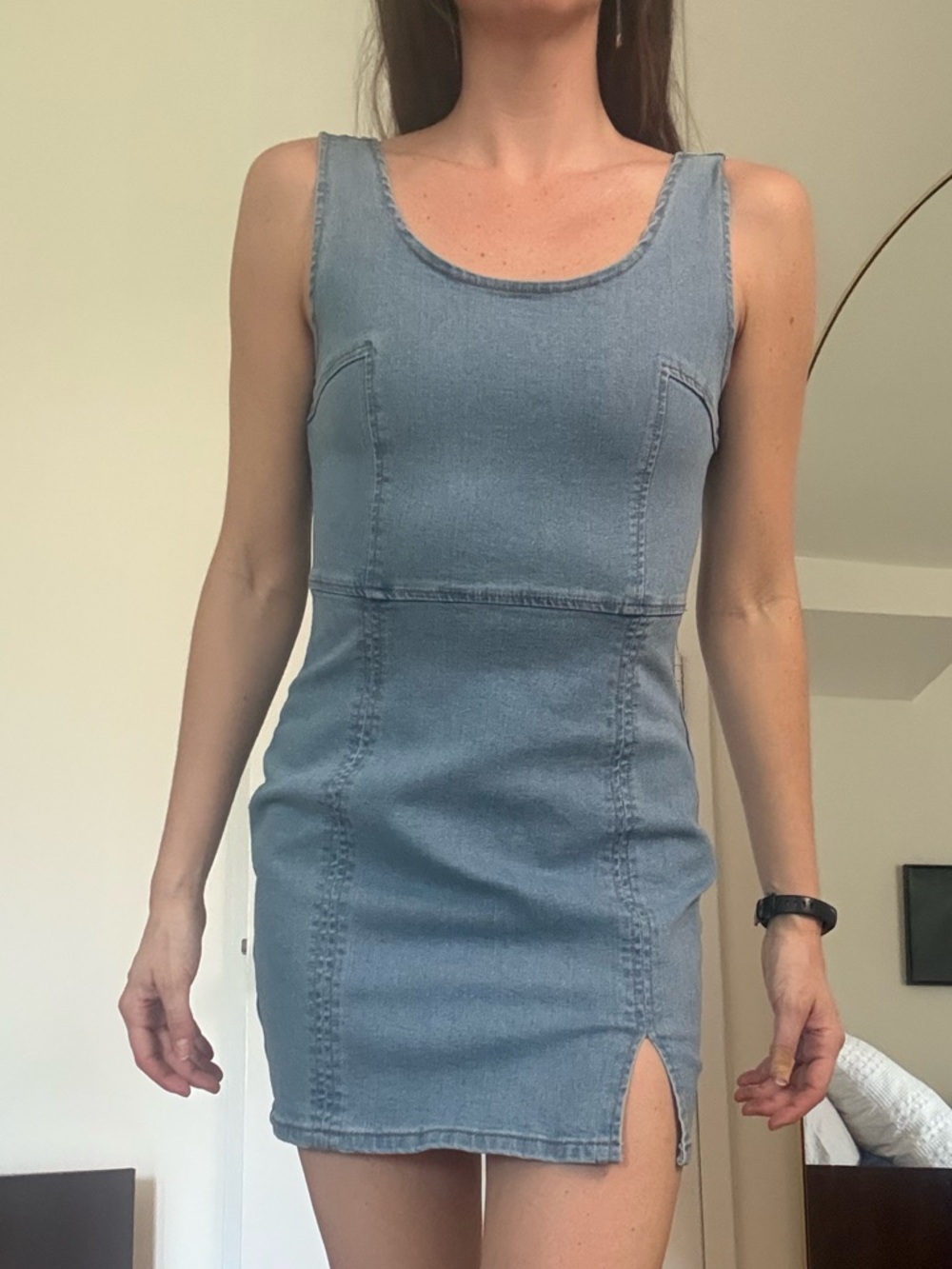 Sleeveless Light Blue Denim Mini Dress with Side Slit